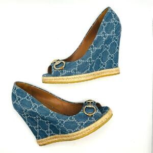 Gucci Denim Monogram Espadrille Wedges Horsebit Blue Size EU 37